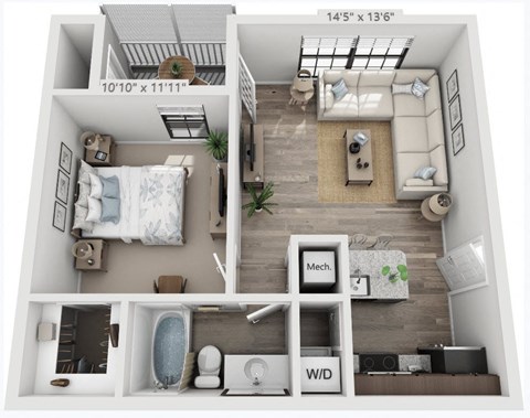Floor plan for 1 bed, 1 bath, 540 sqft